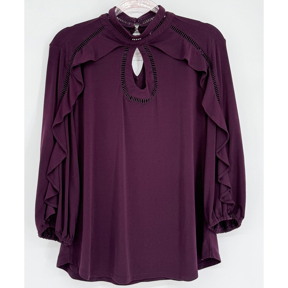 New York & Company 7th Avenue Plum Ruffle Keyhole Blouse Mock Neck Top Sz XL‎